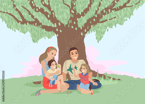 Happy family in the nature. Vector cartoon illustration