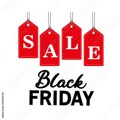black friday sale lettering in tags hanging vector illustration design