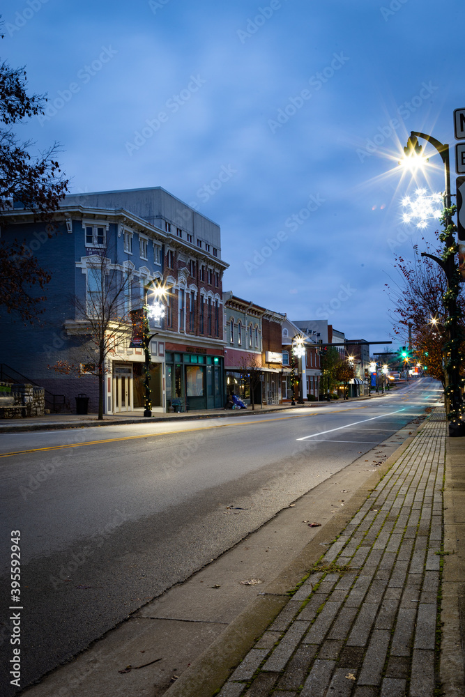 Early morning view of main street Nicholasville, Kentucky with Christmas decorations on lamp posts