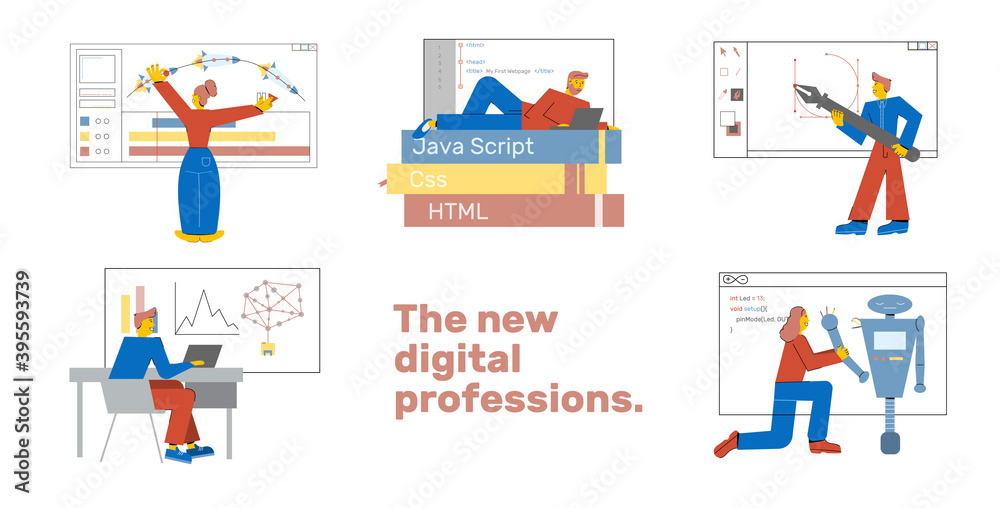 Set of the new digital it professions. Coding, animation, design, web, big data, robotics courses in school. Concept of young people learn new professions. Vector flat illustrations isolated on white.