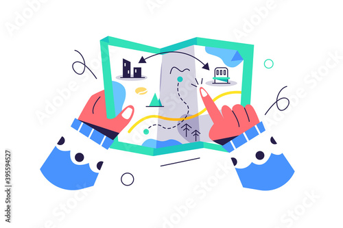 Girls hands holding a map with the location of paths and locations, fingers, isolated on white background, flat vector illustration