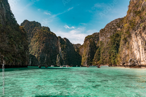 Beautiful lanscape at Phi Phi Islands, Thailand. View from the boat, over turquoise color sea.