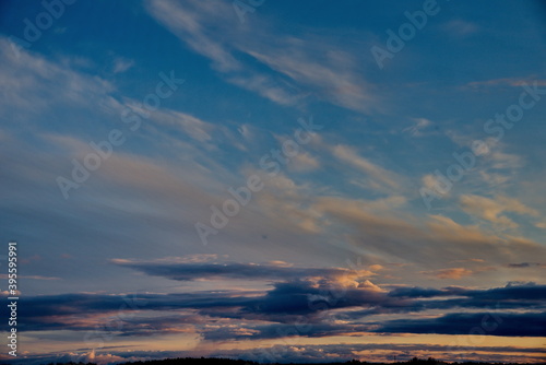 Russia. Republic of Karelia. Panorama of the evening sky over lake Ladoga near the city of Sortavala.
