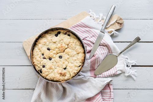 Blueberry crumble cake in baking pan photo