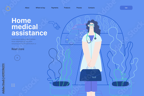 Medical insurance template -home medical assistance -modern flat vector concept digital illustration -nurse standing at the private residence entrance door Home medical service, part of insurance plan