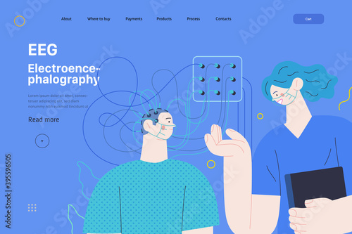 Medical tests illustration - EEG - electroencephalography - modern flat vector concept digital illustration of encephalography procedure - a patient with head electrodes and doctor in medical office