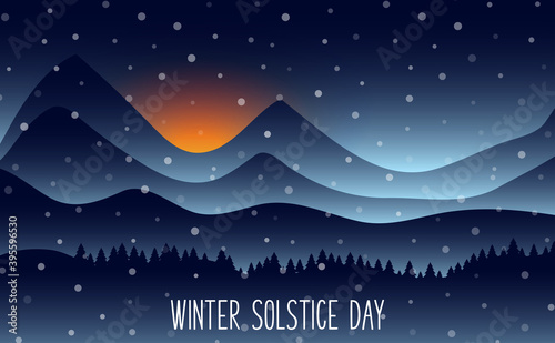 Winter solstice day in December the 21. Greeting card design template. The dark sky with sunset or sunrise. The longest night in the year.