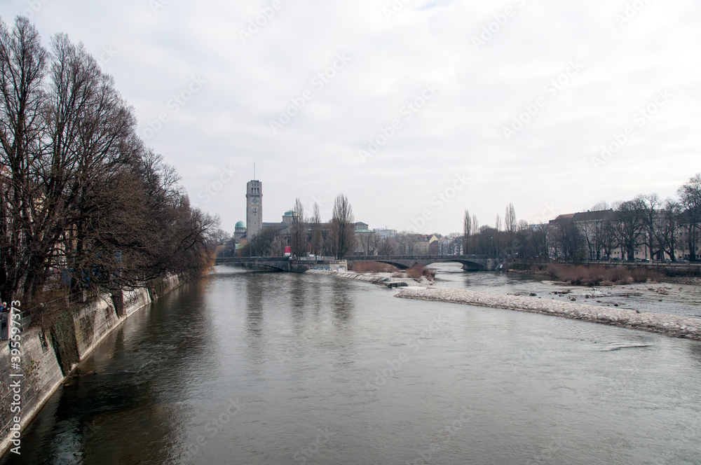 Isar river. Munich, Bavaria. View of the river and city buildings