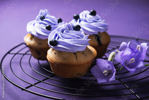 Vegan blueberry cupcakes with blueberry cream topping photo