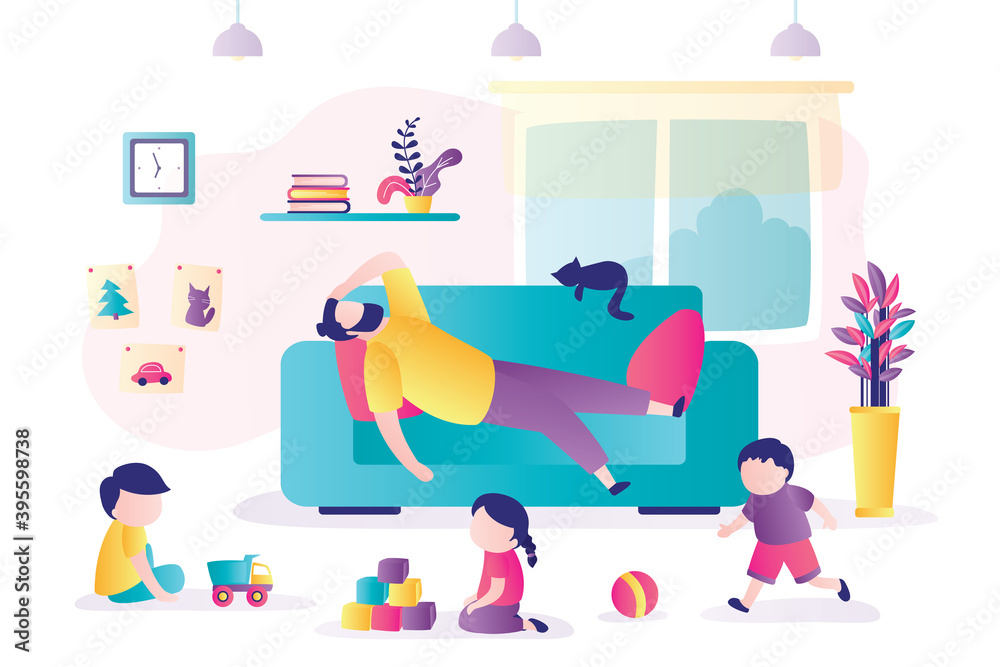 Tired father lies on couch, children play nearby. Playroom interior with furniture. Dad overworked and taking break