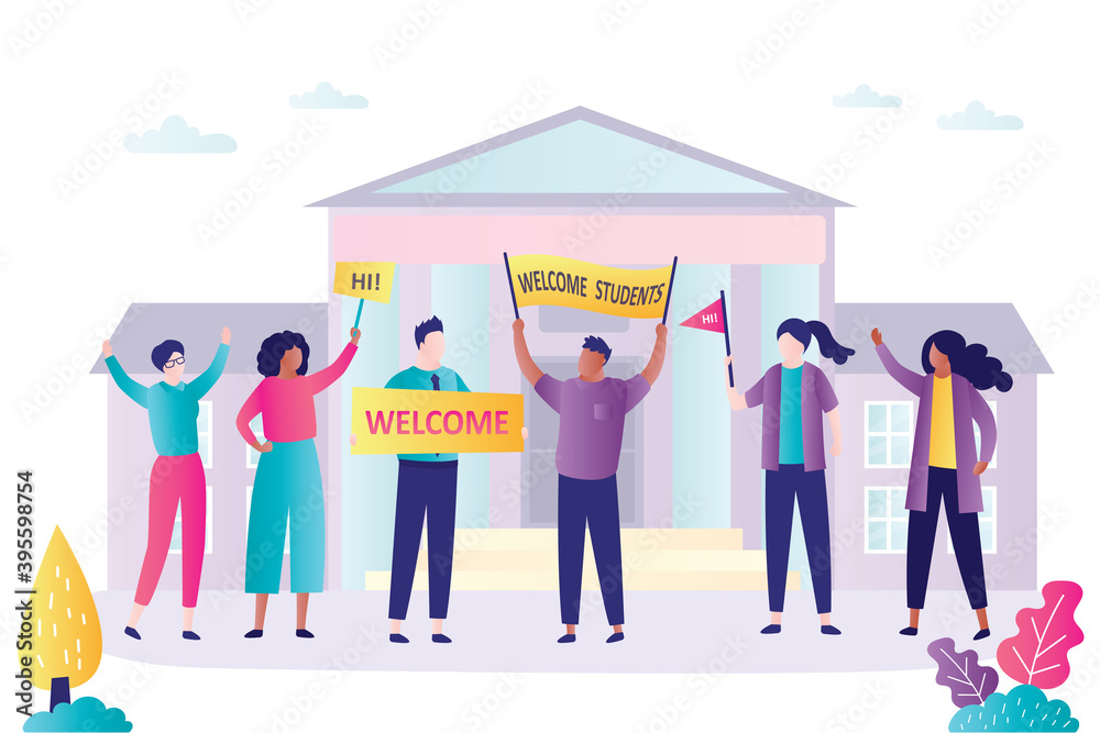People stand with placards and welcomes freshman. Back to college or university. Group of students stands in front of varsity People stand with placards and welcomes freshman. Back to college or university. Group of students stands in front of varsity