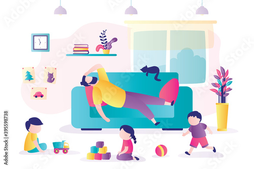 Tired father lies on couch, children play nearby. Playroom interior with furniture. Dad overworked and taking break