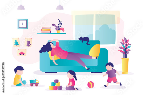 Tired mother lies on couch  children play nearby. Room interior with furniture. Housewife overworked and taking break from household chores