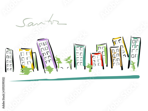 Crooked buildings on the edge of the city of Santos. City landmark. Colored vector illustration with felt-tip pen.