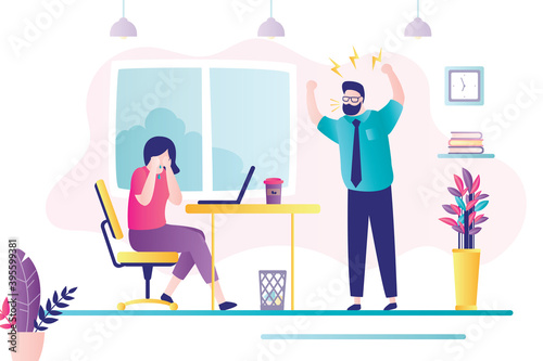 Female character tired at work. Unhappy business woman sits at workplace. Depressed mood, professional burnout and big emotional stress