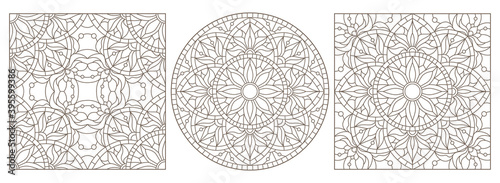Set contour illustrations of stained glass with abstract swirls and flowers , dark outlines on a white background