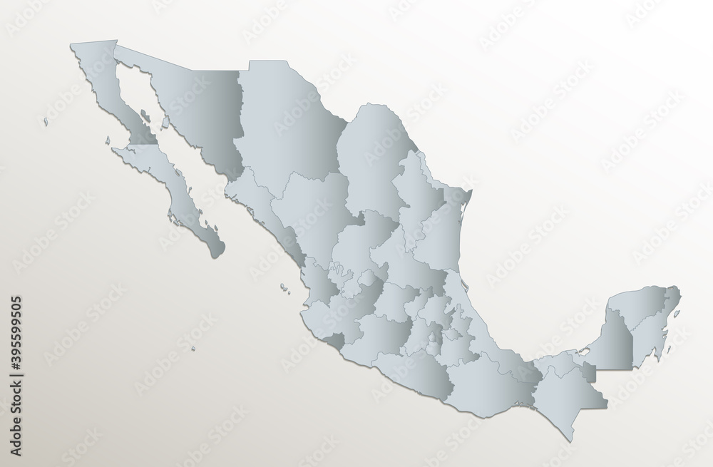 Mexico map, administrative division, white blue card paper 3D blank