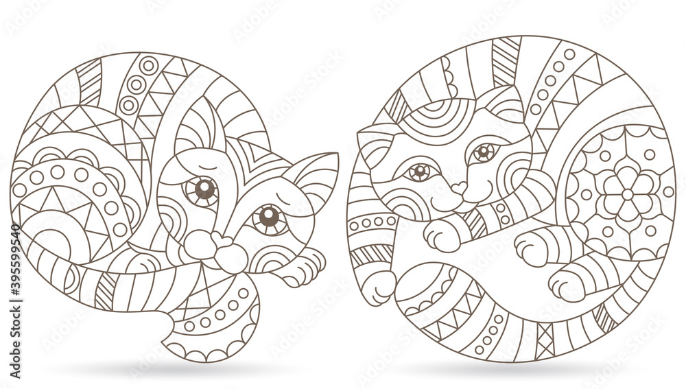 Set of stained glass contour elements with rainbow cats , isolated outline images on white background