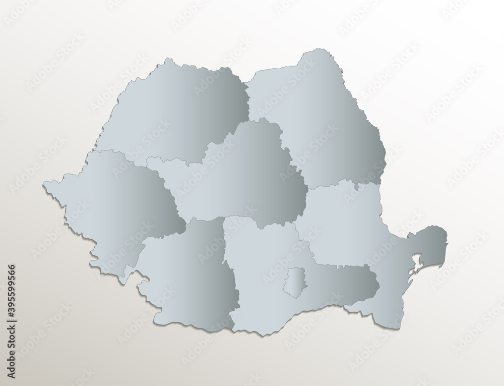 Romania map, administrative division with names, white blue card paper 3D blank