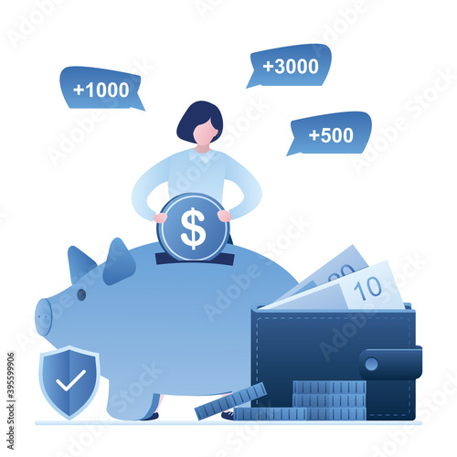 Female character accumulating, saving money. Businesswoman puts dollar coin in piggy bank. Bank deposit, safe finance and budget.