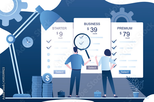 Three tariff plans. Price list set. Pricing table for business. Group of business people compare tariffs and select business offer. photo