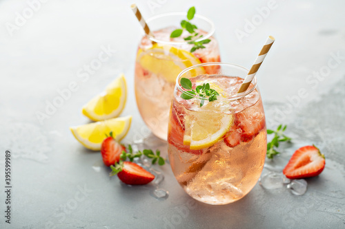 Strawberry lemon sparkling rose sangria cocktail photo