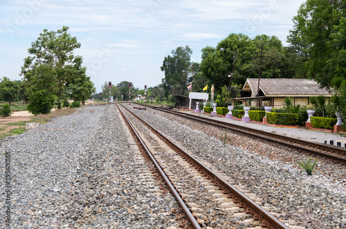 Platform of the rural station with the traffic signal pole.