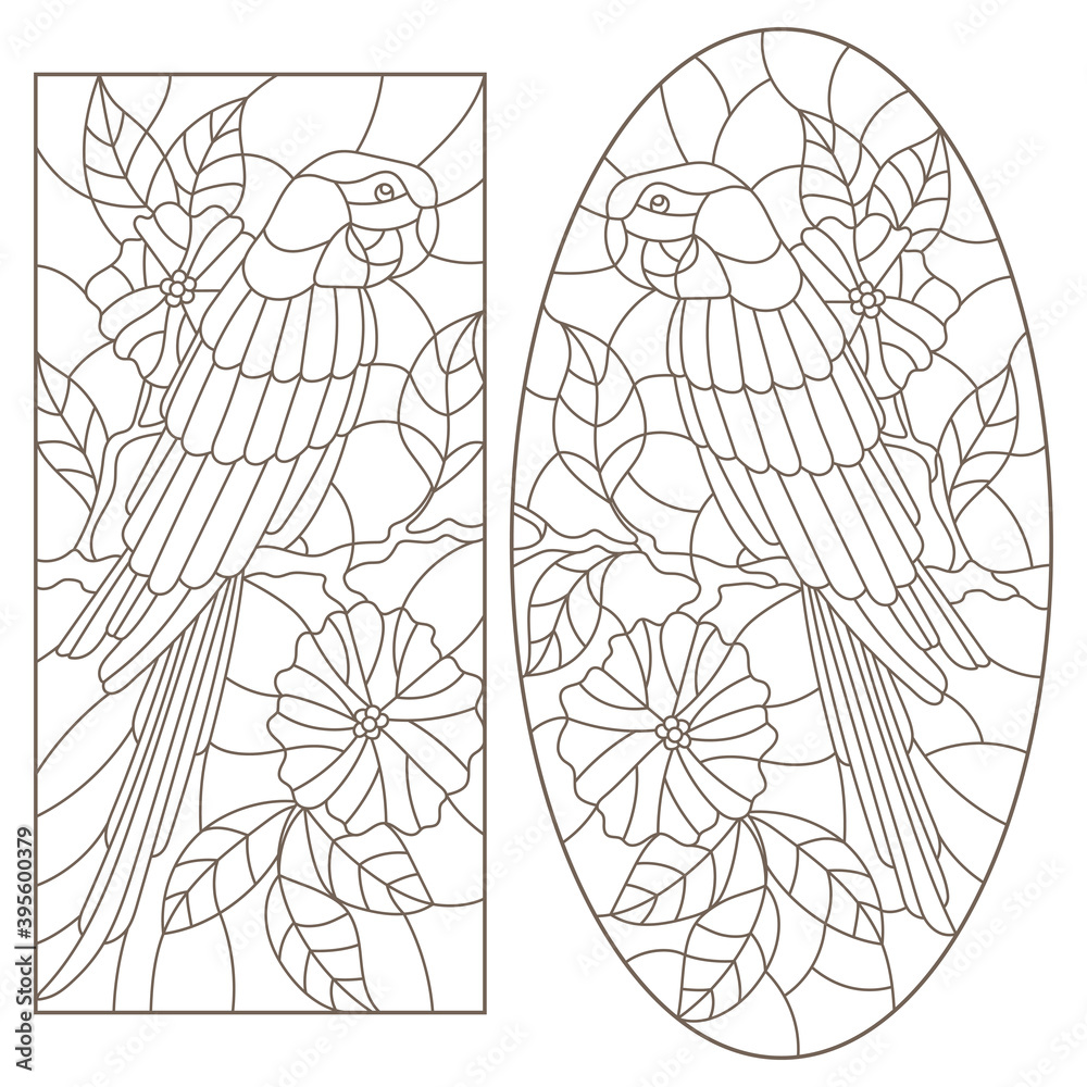 Set of contour illustrations of stained glass Windows with parrots and flowers, dark outlines on a white background