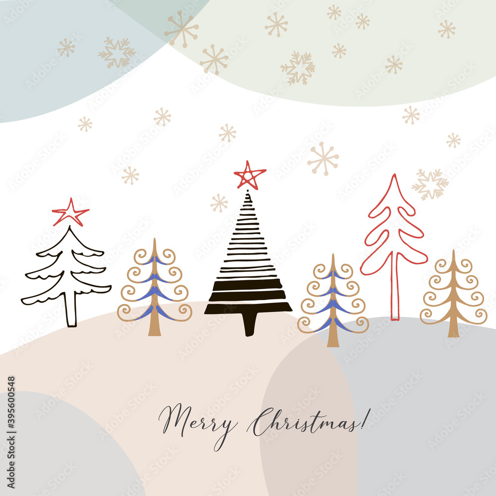 Cute hand drawn christmas card with doodle christmas trees on abstract colorful background, vector design concept
