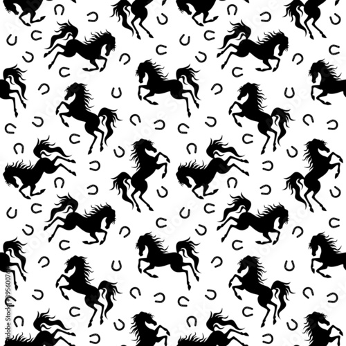 Black horse and horseshoe silhouette seamless pattern. Vector illustration.