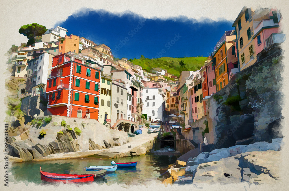 Watercolor drawing of Riomaggiore traditional typical Italian fishing village in National park Cinque Terre