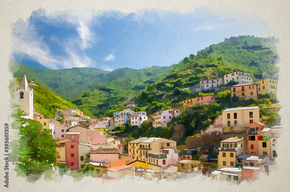 Watercolor drawing of Colorful multicolored buildings houses on green hill in valley of Riomaggiore