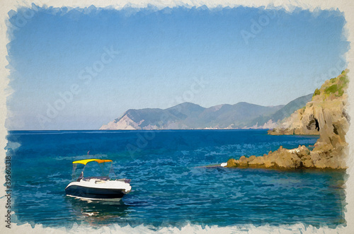 Watercolor drawing of Yacht boat sail on water of Ligurian and Mediterranean Sea near coastline of Riviera di Levante