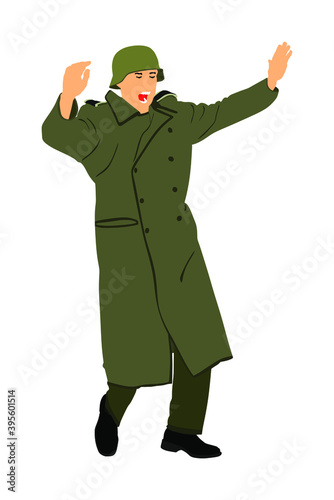 Germany soldier surrender with raised hands in height vector  illustration. Occupier officer in battle defeated soldiers surrendering. WW2 warrior arrest in occupied Europe. Second world war photo