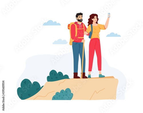 Young woman and man hiking in mountains. Couple having summer trip on nature. Female and male characters with backpack and stick for walking taking selfie photo on smartphone vector illustration