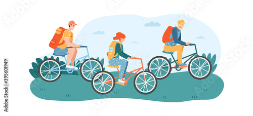 Woman and men friends riding bicycles in park or lawn. Female and male characters having cycling activity on nature. People traveling on bikes, having touristic trip vector illustration