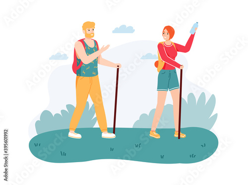 Couple hiking on nature with walking sticks. Man and woman with equipment and backpacks having journey. Travelers having adventure together. Summer activity cartoon vector illustration