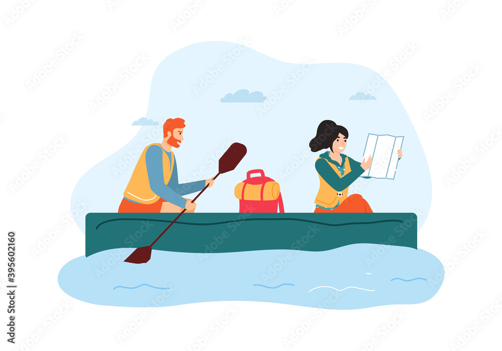 Woman and man traveling on boat. Guy holding paddle and rowing, girl looking at map and searching direction. Couple having summer trip, active lifestyle and recreation vector illustration