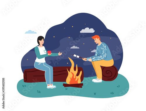 Couple sitting at campfire, drinking hot tea and roasting marshmallow on stick at night. People traveling or hiking on nature. Young man and woman sitting on log vector illustration