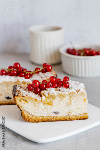 Baked vanilla cheesecake with crust and red currant photo