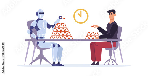 Man versus artificial intelligence. Guy and robot making card house. Automated machine performing task quickly. Modern technology replacing human beings, domination vector illustration