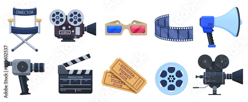 Cinema symbols. Movie theatre or cinematography clapperboard, camera and movie premiere tickets. Film production isolated vector illustration set. Director armchair and equipment for shooting