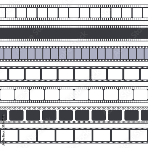 Movie and photo tape. Film strip seamless borders, vintage video or photo empty strips. Retro frame movie tape vector illustration set. Cinematography blank or empty frames collection