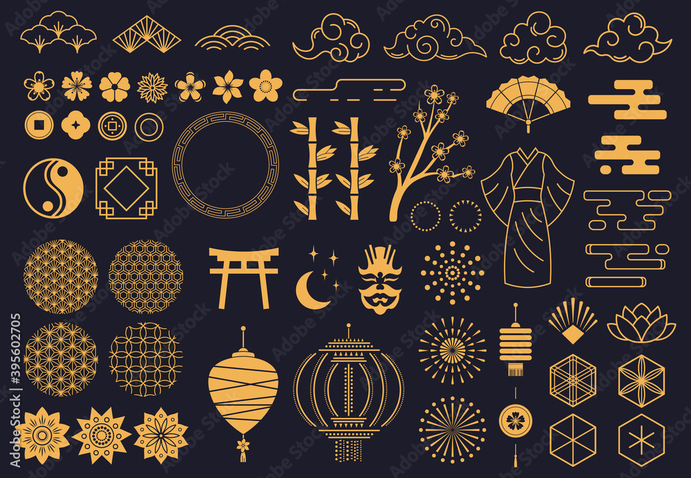 Japanese symbols. Oriental kabuki theatre, japanese or chinese kimono  ornament, lotus, bamboo and lanterns. Asian traditional sketch vector  symbols. Flowers, sakura branch, clouds and moon with stars Stock Vector |  Adobe Stock