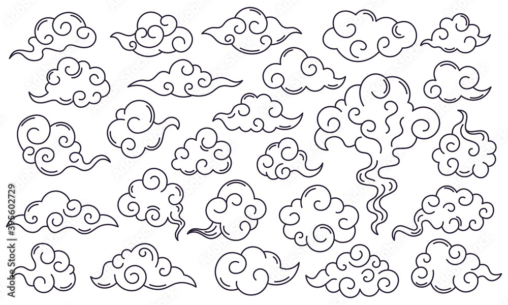 Asian decorative clouds. Oriental japan sky clouds, traditional chinese doodle decoration. Asian traditional clouds vector symbols set. Japanese sky elements with curls isolated on white