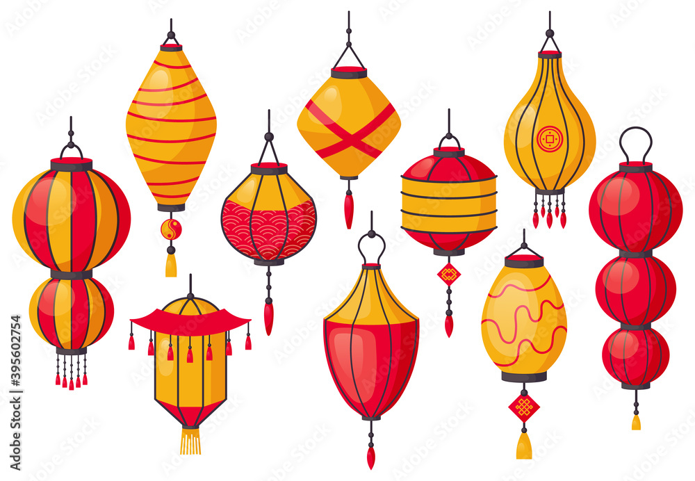 Oriental traditional lantern. Chinese paper lanterns, asian street decoration, chinatown lanterns. Traditional paper lamp vector illustrations. Red and yellow festival lights, cultural elements Oriental traditional lantern. Chinese paper lanterns, asian street decoration, chinatown lanterns. Traditional paper lamp vector illustrations. Red and yellow festival lights, cultural elements