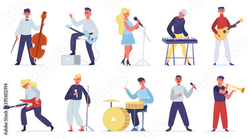 Musicians characters. Guitarist, singer, drummer and singer artist, metal and jazz artistic performers. Vocal singers people vector illustrations. Female and male musicians playing musical instruments