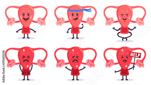 Cute uterus characters. Healthy and sick women uterus organ mascots. Female reproductive system characters with facial emotions vector illustrations. Happy and unhealthy organs asking for help