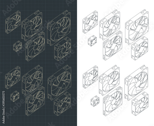 Computer Fans isometric drawings Set