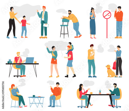 Smoking people. Male and female smoking characters, unhealthy lifestyle, bad habits. People smoke cigarettes vector illustration. Man and woman smoking in public zone, passive smokers
